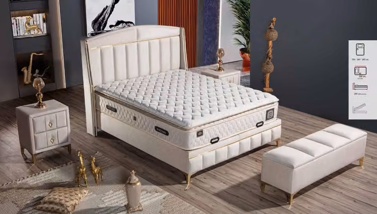 Elegantes weißes Bett mit Matratze aus Textil und Edelstahl