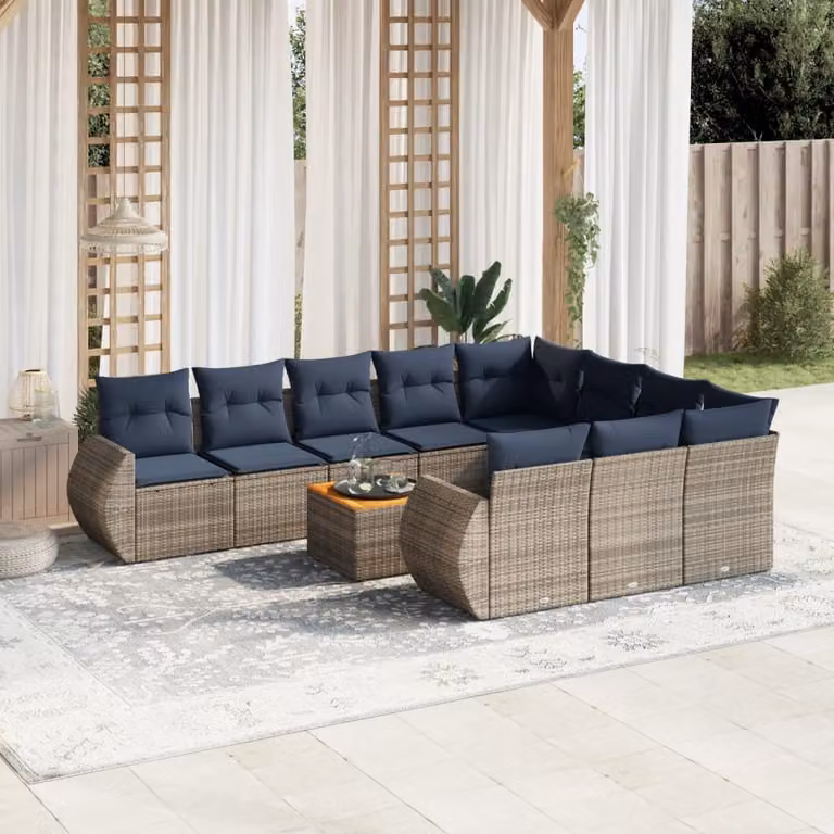 Set di divani da giardino vidaXL in polyrattan grigio con cuscini e tavolino da esterno a forma di L