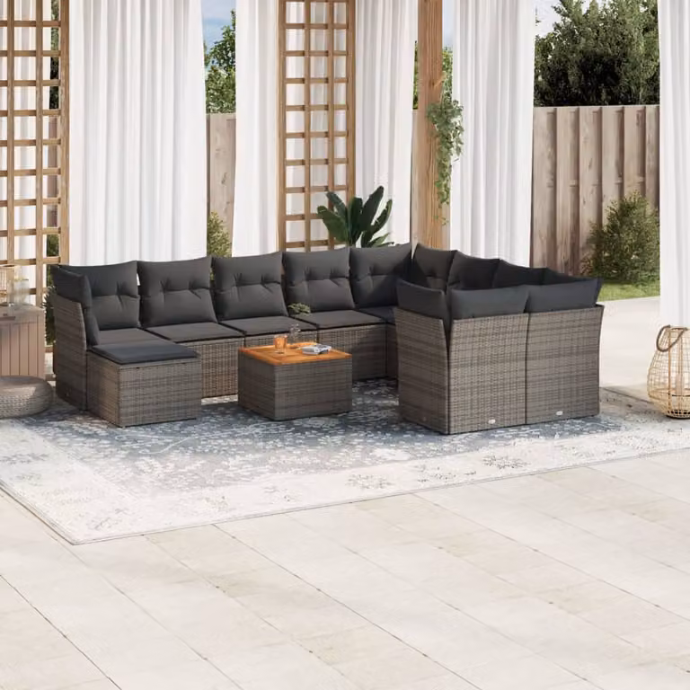 vidaXL Set Divani da Giardino a L 11 pz in Polyrattan Grigio con Cuscini e Tavolino da Esterno
