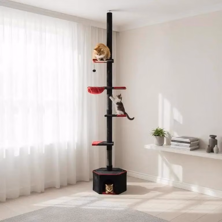 Albero per gatti regolabile, da pavimento a soffitto, colore nero