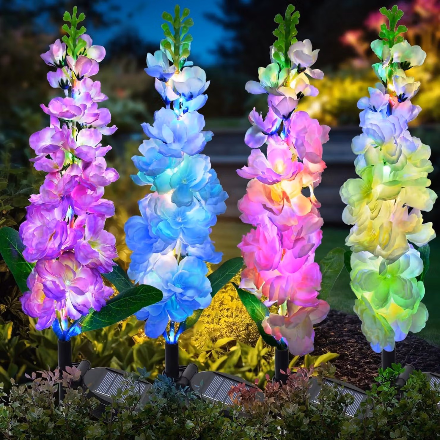 Set di 4 lampade solari, 80 LED, motivo floreale, color lilla, grado di protezione IP65