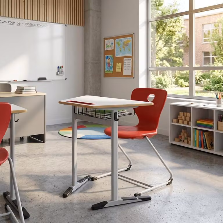 Set scolastico moderno ed ergonomico, grigio: banco rosso e sedia, tavolo singolo