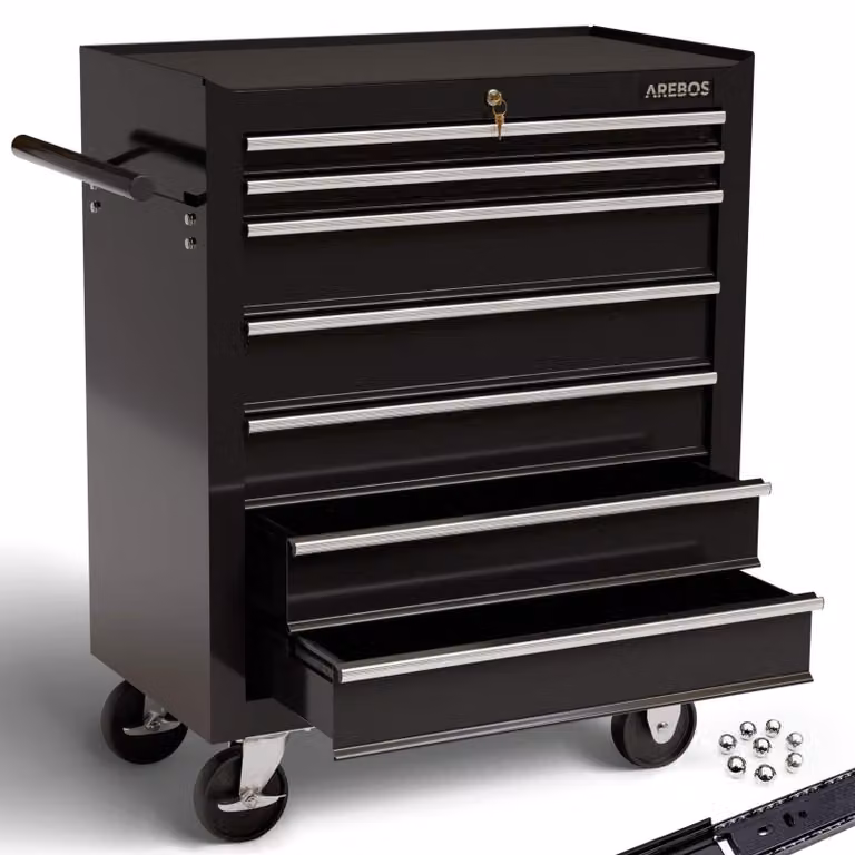Carrello porta-attrezzi officina - Acciaio - 7 cassetti - Nero - 70 x 33 x 78 cm - Chiusura centralizzata