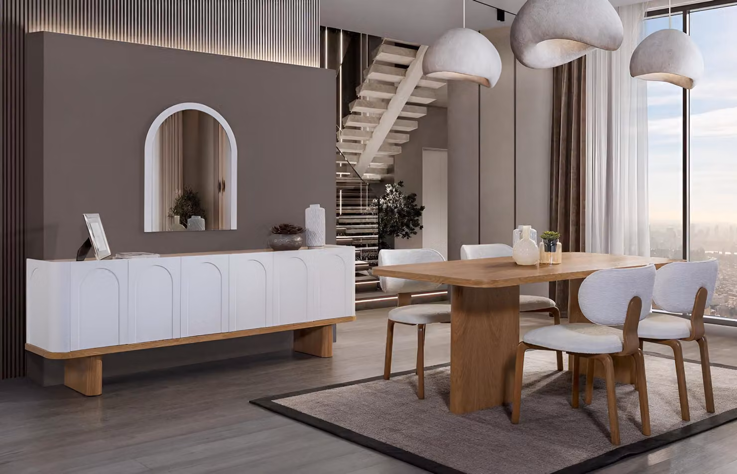 Set da pranzo bianco e marrone: elegante tavolo da pranzo, sedie imbottite, credenza