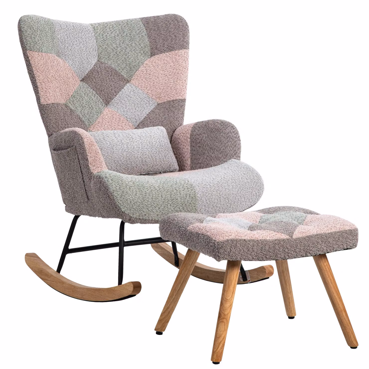 Sedia a dondolo ergonomica con poggiapiedi e cuscino lombare in legno e tessuto multicolore – 2
