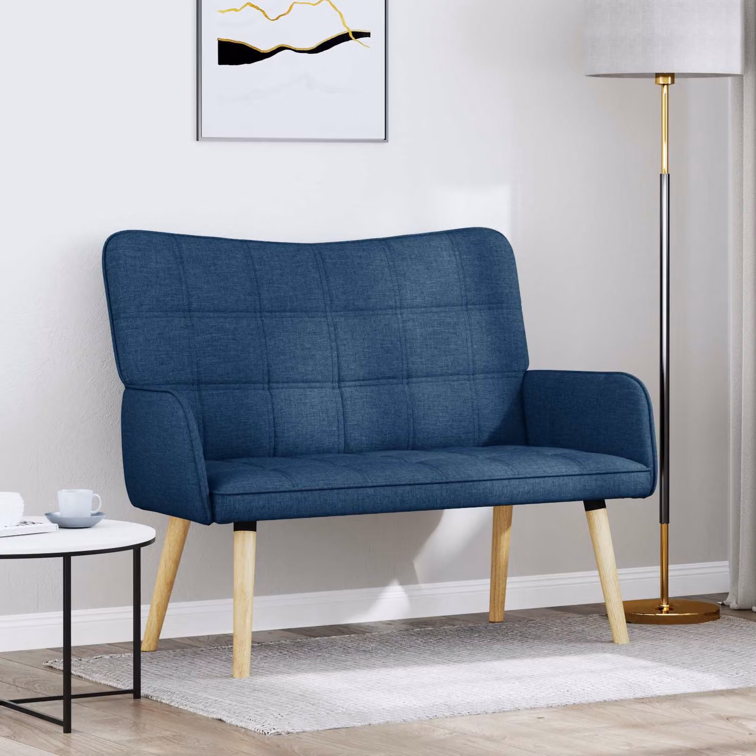 Divano a 2 posti vidaXL in tessuto blu e marrone con struttura mista L: 115 cm, P: 61 cm, H: 87 cm