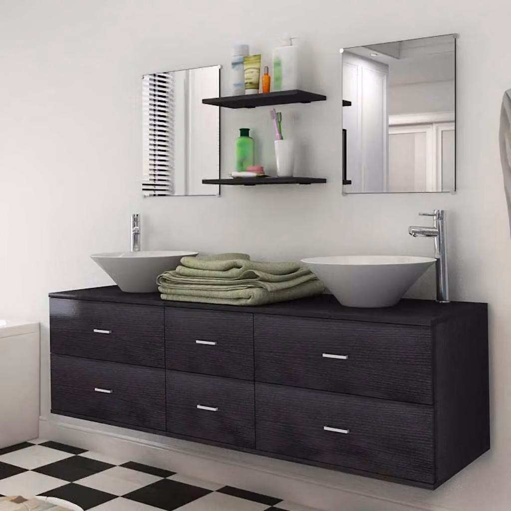 vidaXL Set Mobili da Bagno Moderno 9 Pezzi con Lavabo e Rubinetto Nero e Bianco – 1