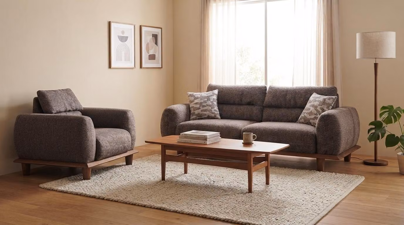 Modernes Braunes Sofa Set 3-Sitzer mit Sessel Stoff Holz Wohnzimmer