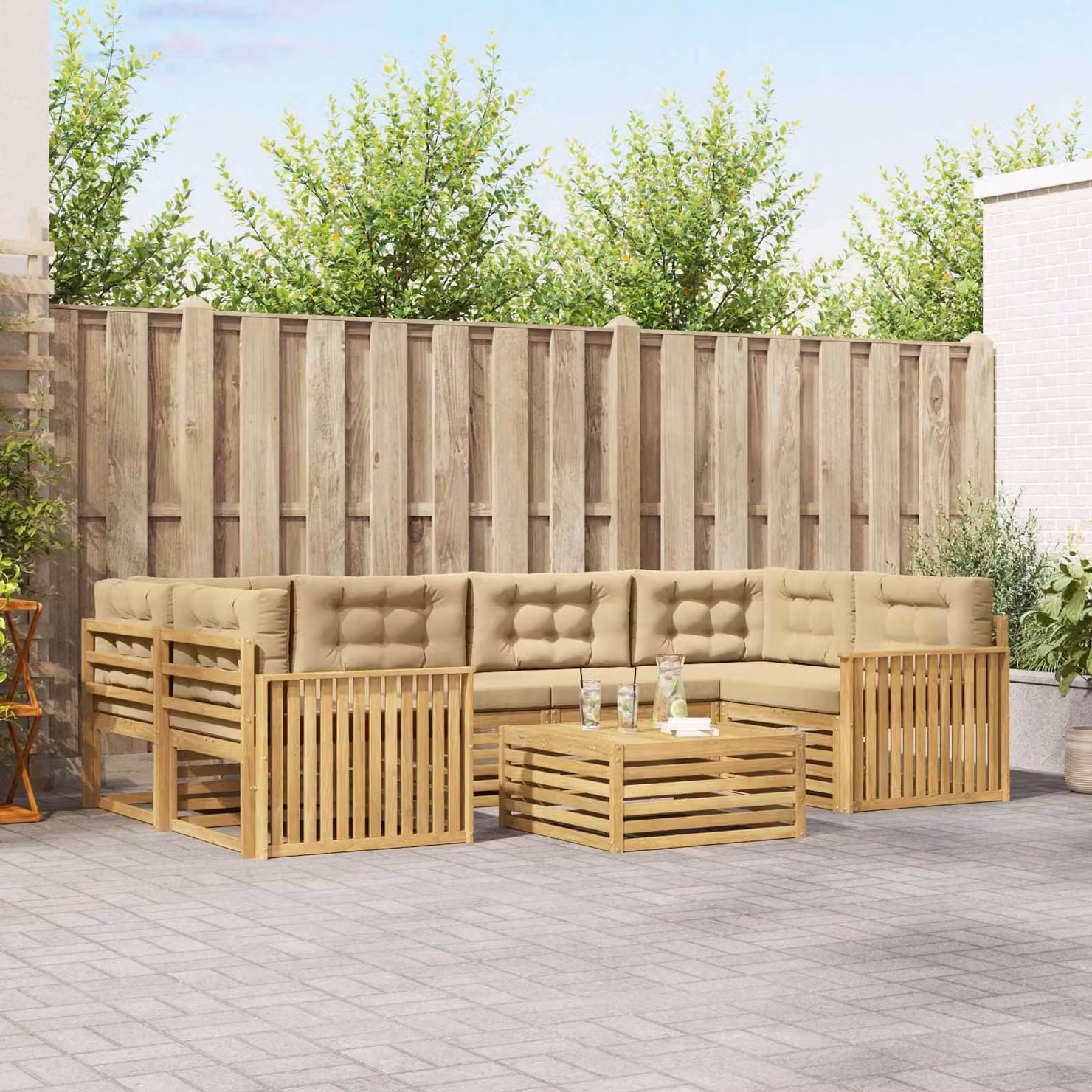 Set di divani da esterno vidaXL 7 pz in legno di acacia con tavolo da caffè, colore bianco, beige e marrone