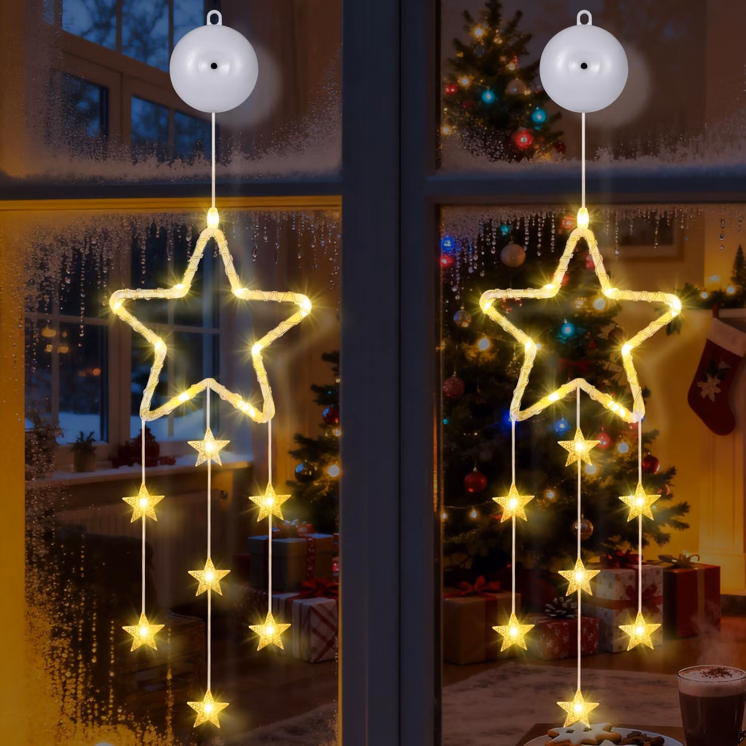 Illuminazione per finestre a forma di stelle, con 18 LED bianco caldo, 8 modalità e timer