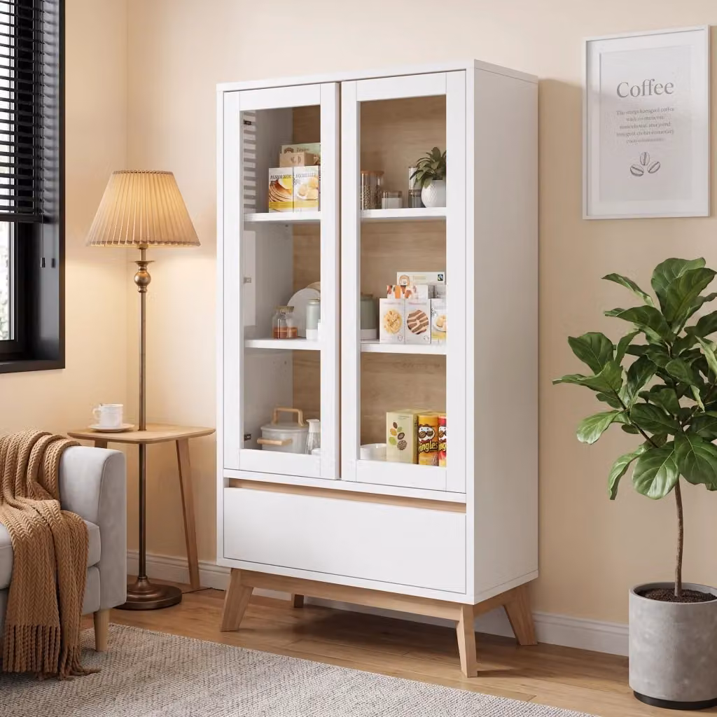 Mobile dispensa in stile scandinavo con ante in vetro e ripiani interni, colore bianco opaco, L: 80 cm, P: 40 cm, H: 150 cm – 2