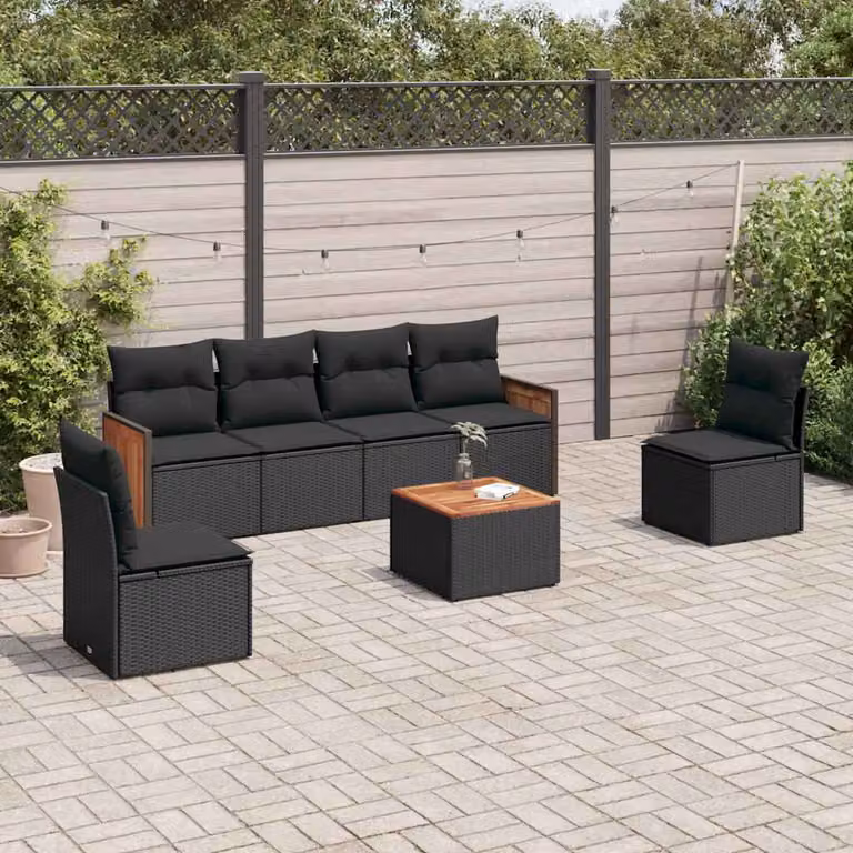 vidaXL Set Divani da Giardino Moderno in Polyrattan Nero con 7 Cuscini e Tavolino da Esterno