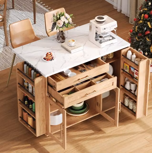 Isola cucina mobile con piano ribaltabile 138 x 70 x 90 cm; MDF e vetro temperato; naturale