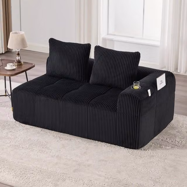 Divano 2 posti in tessuto corda con cuscini e tasche portaoggetti ¨C Minimal ¨C Grigio chiaro, 160x90x85 cm