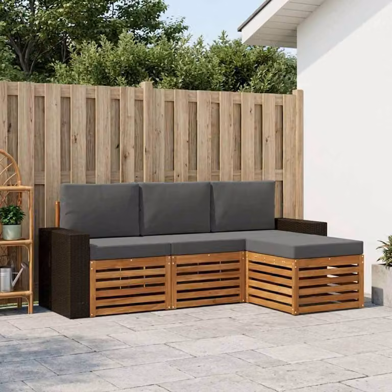 vidaXL Set di divani da esterno a L con pouf in legno di acacia, colori beige e antracite