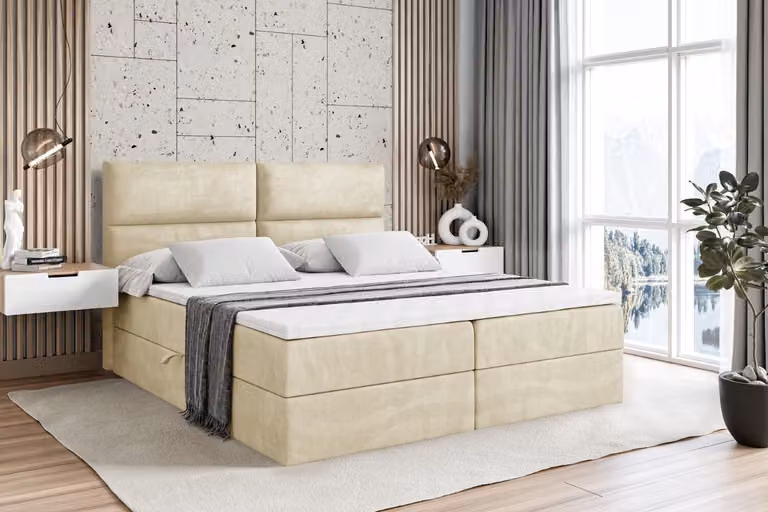 Letto boxspring ALTDECOR con materasso H4 e topper - 180 x 200 cm - BOXI3 - Velluto beige - Letto imbottito con contenitore e rete a doghe, letto con spazio contenitivo