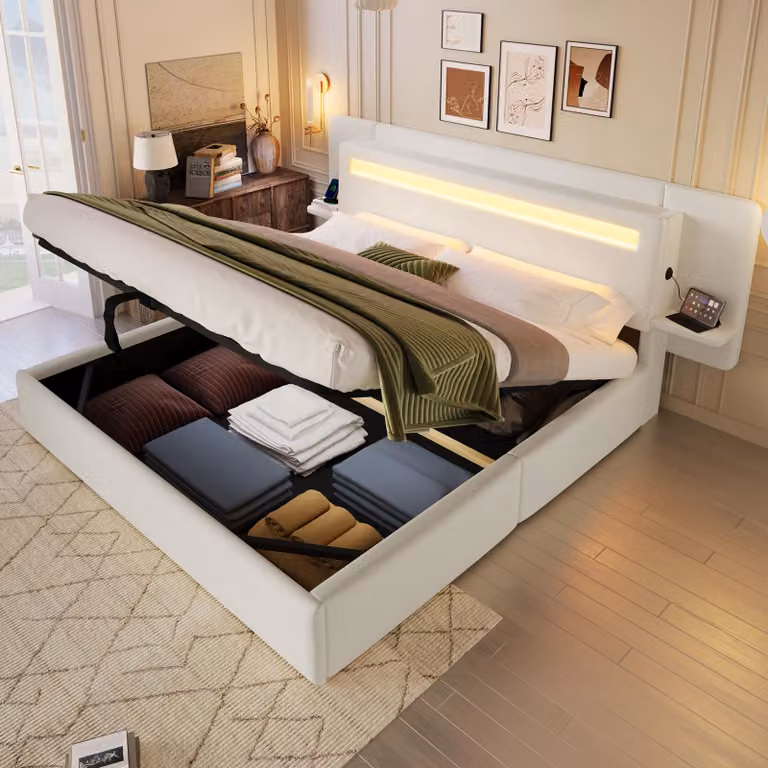Letto imbottito okwish 180x200 con comodino integrato, luci LED multicolore, letto per giovani con porta USB, contenitore sotto il letto, letto matrimoniale beige, senza materasso