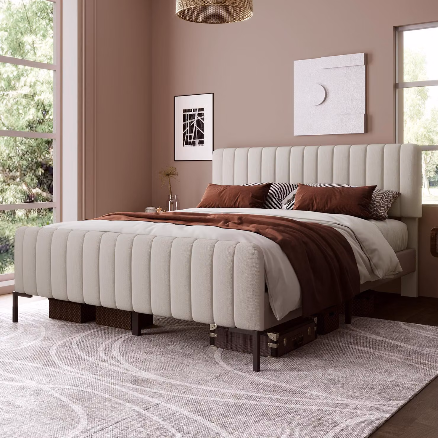Letto imbottito STILVORA 140x200cm per ragazzi con rete a doghe e testata regolabile, letto matrimoniale a righe verticali e rete a doghe, grigio-beige (con materasso)