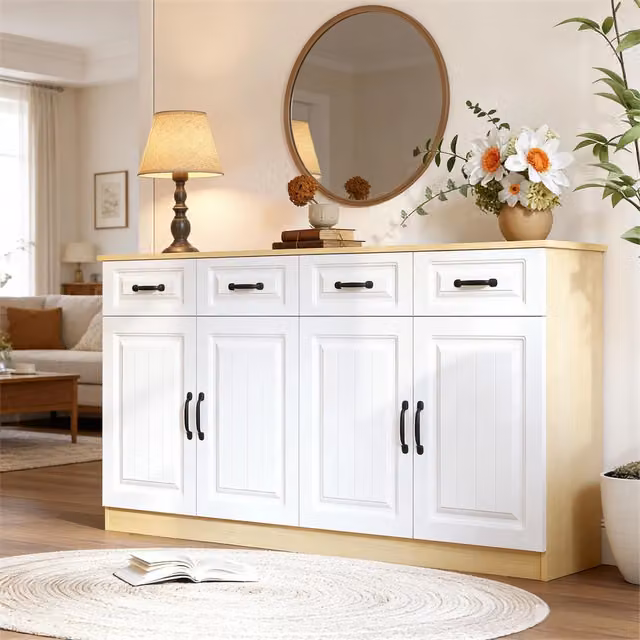 Credenza con 4 Cassetti e 4 Ante ¨C MINIMAL ¨C Design Rigato, Metallo, Bianco e Naturale, 160 cm