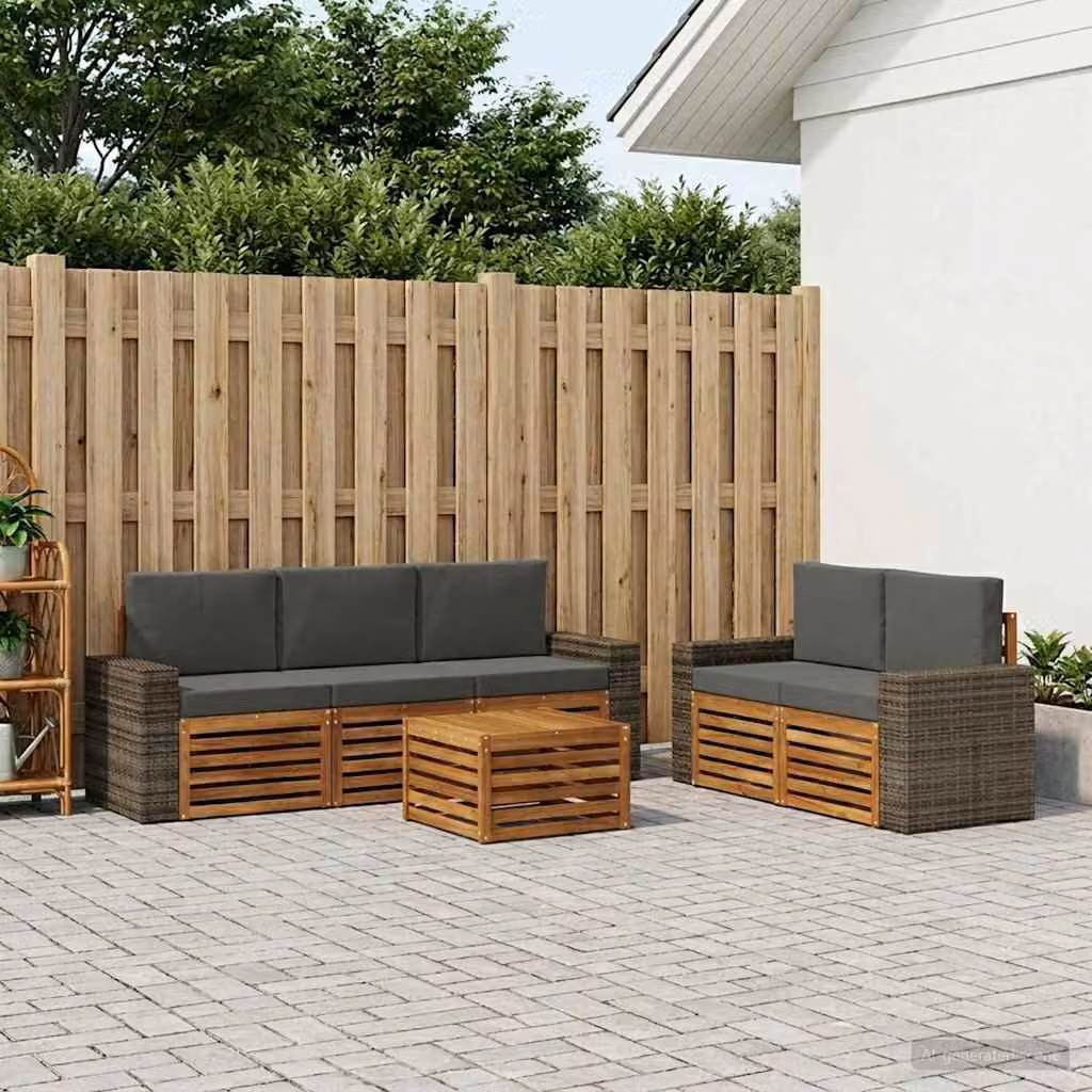 Set di divani da esterno a L vidaXL in legno di acacia con tavolino e cuscini, 6 pezzi, Beige e Antracite