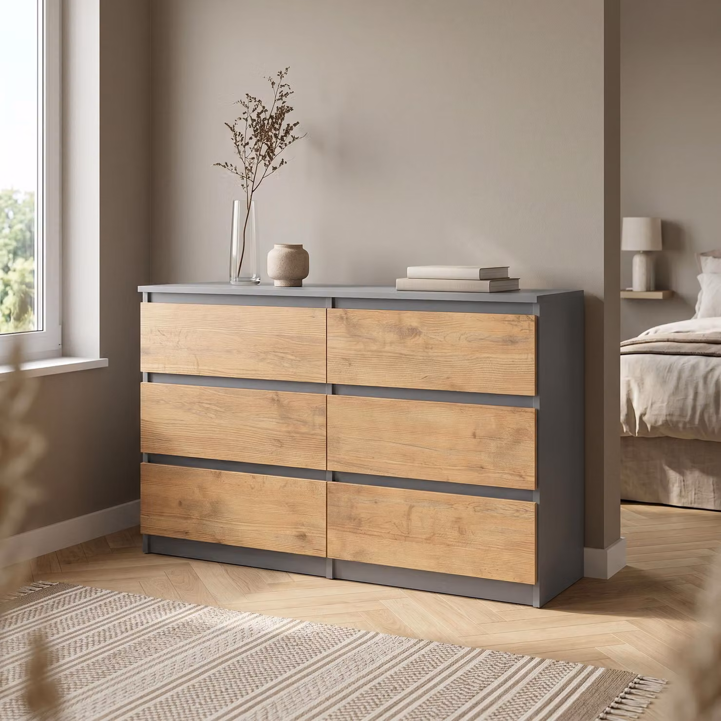 Comò Masseno NUDO da 138,5 cm con 6 cassetti e ante, per soggiorno e camera da letto, stile moderno, 138,5 x 39 x 78,5 cm, antracite / rovere