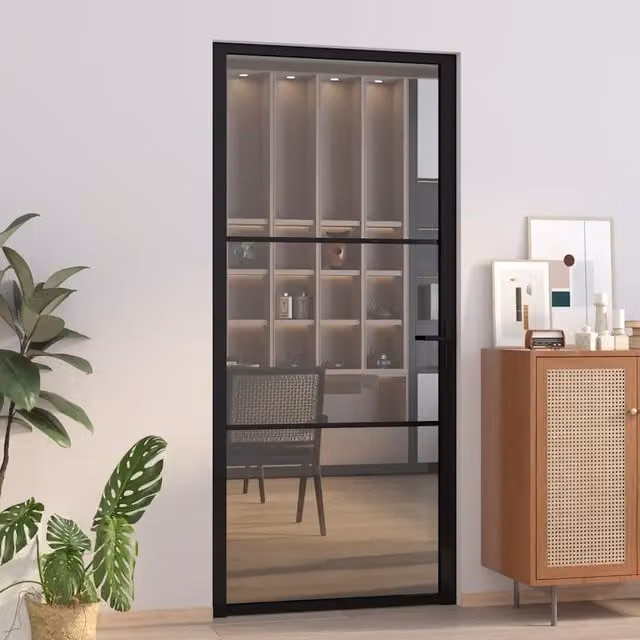 Porta Interna Moderna vidaXL in Vetro Trasparente e Alluminio, Colore Nero, L: 93 cm, H: 201,5 cm