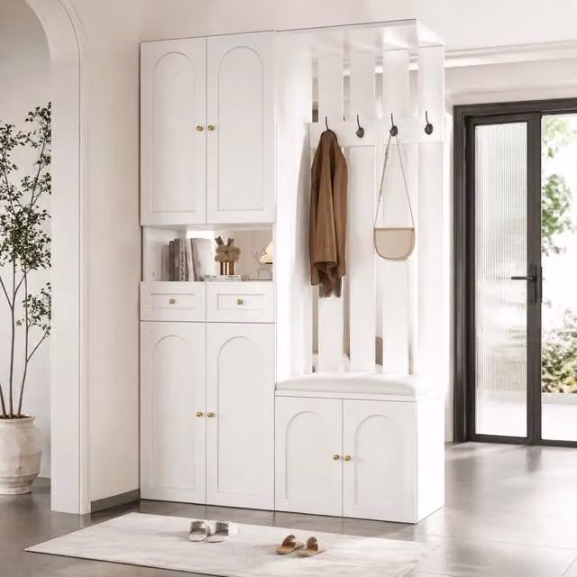 Set guardaroba con panca e armadio scarpe bianco 110x180x37 cm per ingresso
