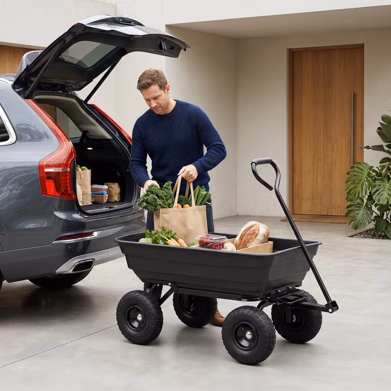 Carriola da giardino Costway con 4 ruote pneumatiche, manico regolabile e impugnatura morbida, capacità 75 L, colore nero
