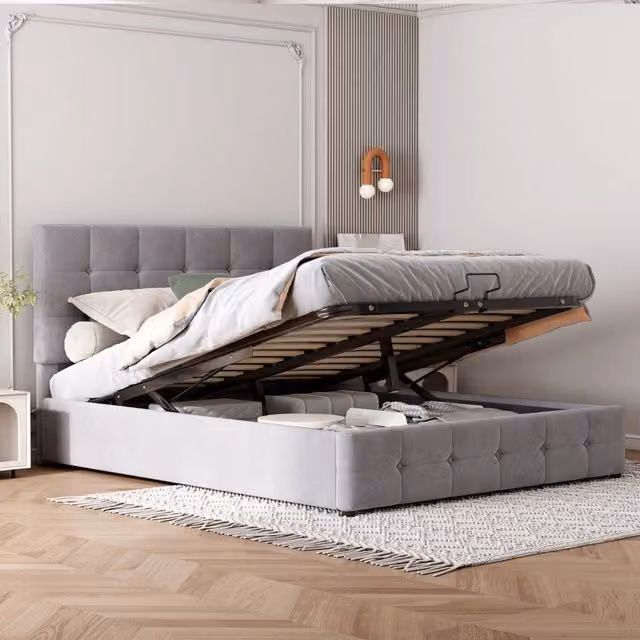 Letto Contenitore REDOM in Velluto Grigio con Rete a Doghe L: 140 cm, P: 200 cm, H: 106 cm