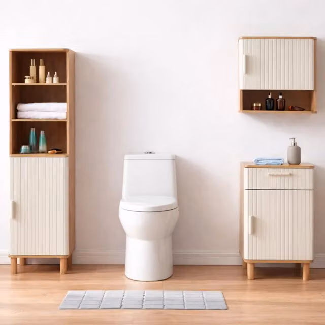 Set da bagno 3 pezzi en.casa Ferrersp in stile moderno colore beige avena con mobile lavabo, mobile pensile e colonna