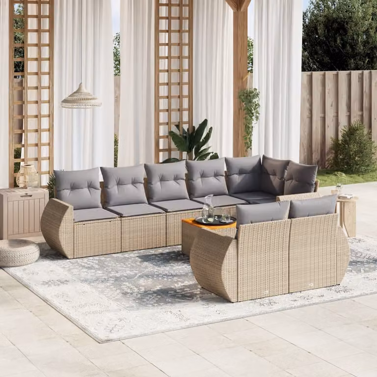 vidaXL Set Divano da Giardino a L 9 pz in Polyrattan con Cuscini Beige e Tavolino da Esterno
