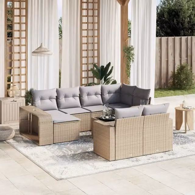 vidaXL Set Divani da Giardino a Forma di U in Polyrattan con Cuscini Beige e Grigio, 11 Pezzi – 1
