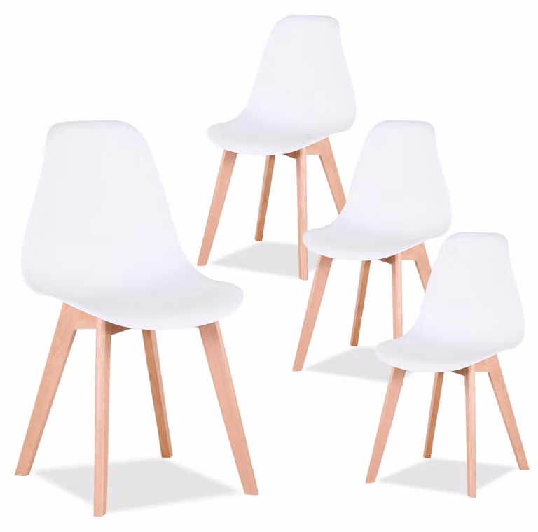 Set di 4 moderne sedie da pranzo - sedie per la cucina - seduta in plastica - gambe in legno - Adatte per sala da pranzo e cucina - Colore: bianco