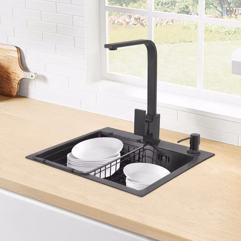 Lavello da cucina a una vasca - Grigio scuro - 45x40 cm - Acciaio inossidabile - Con rubinetto