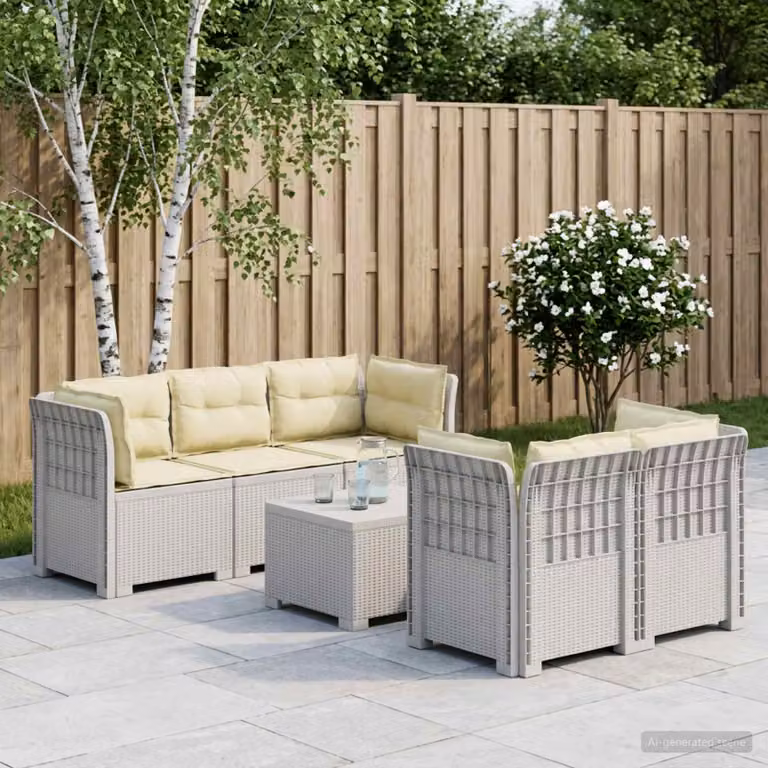 Set da giardino vidaXL a forma di L composto da divano da 3 posti, elemento angolare, tavolino da caffè e cuscini, in stile rattan moderno di colore bianco
