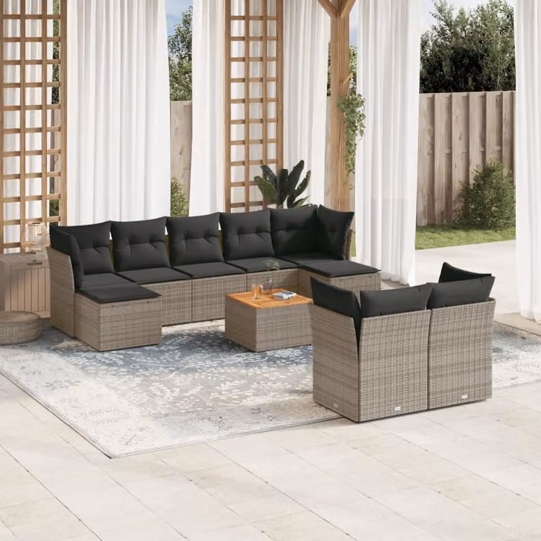 vidaXL Set Divano da Giardino 10 pz in Polyrattan Grigio con Cuscini e Tavolino