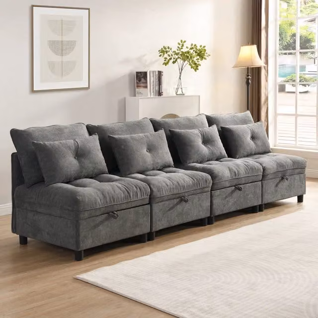 Divano modulare 274.0x76.0x87.0 cm separabile con vano contenitore in ciniglia grigio antico