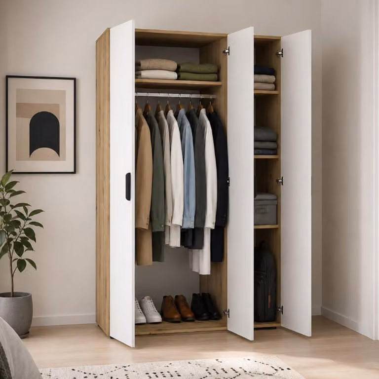 Pettineo - Guardaroba 3 Ante, 111x52 cm Marrone Rovere Nodi, Appendiabiti