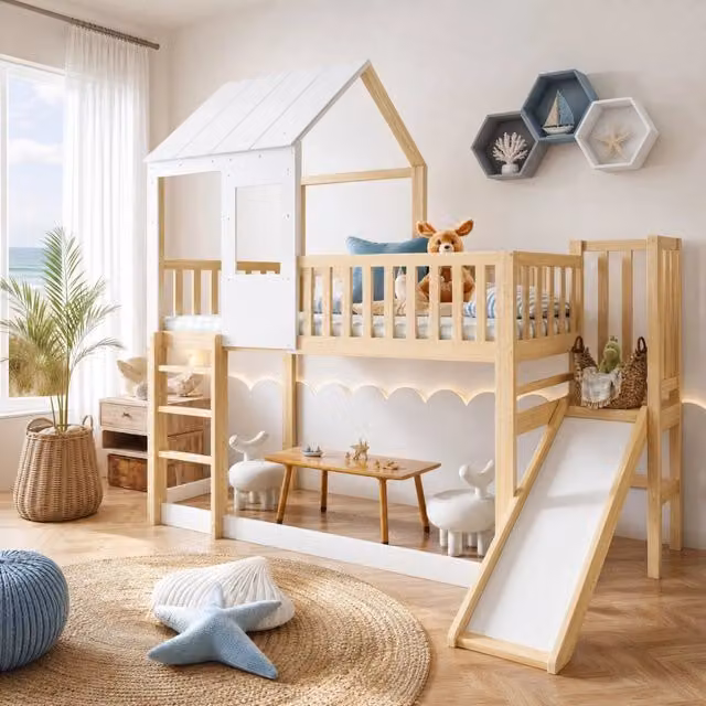 Letto a castello per bambini 90x200 cm con scivolo, scala e tetto, naturale e bianco