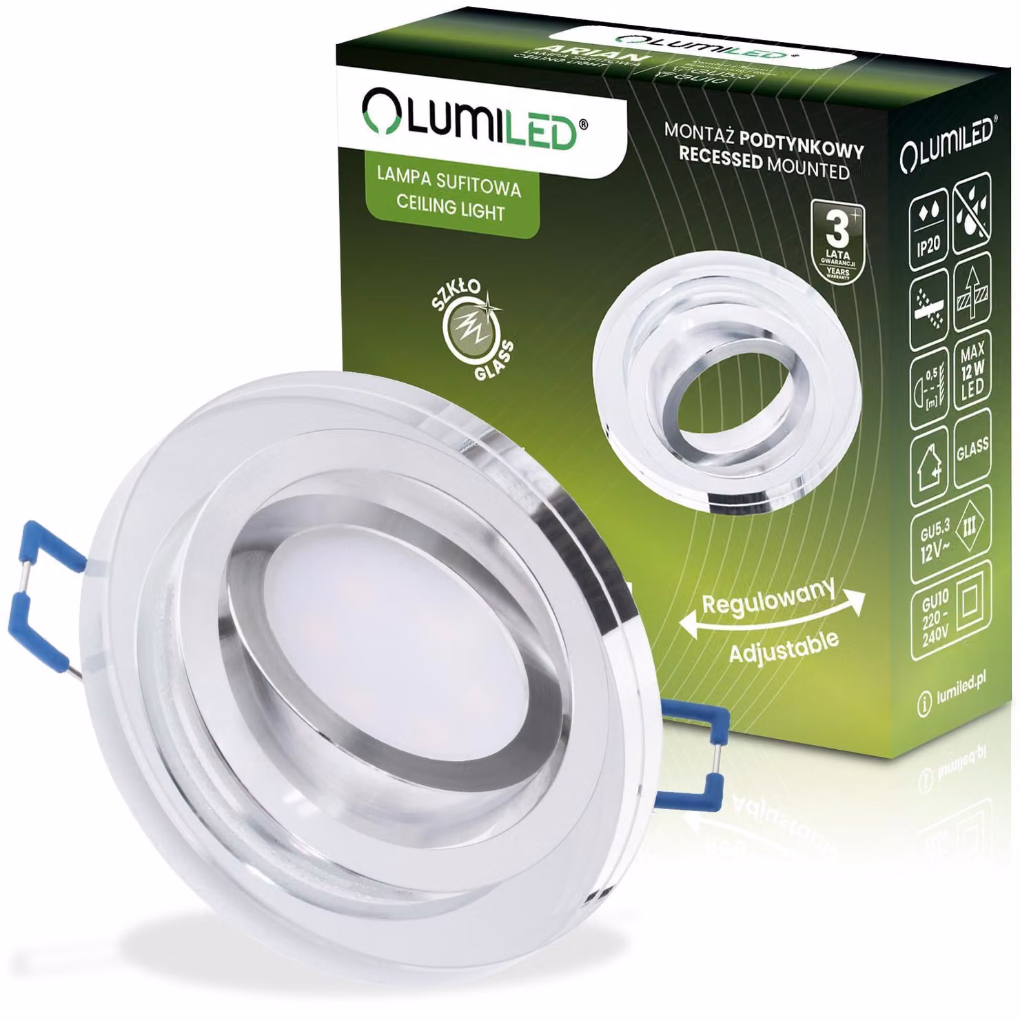 Lampada alogena da incasso, plafoniera in vetro, rotonda, orientabile, attacco GU10, marca ARIAN LUMILED