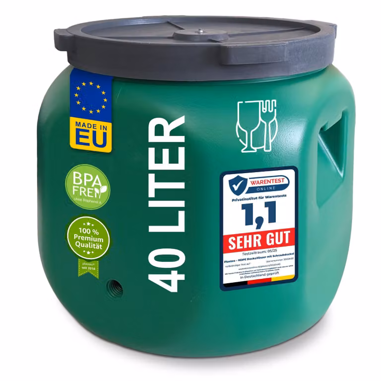 fusto a collo largo plasteo 40 L con coperchio per alimenti - robusto fusto universale in HDPE con tappo a vite, per alimenti, stoccaggio e trasporto, verde