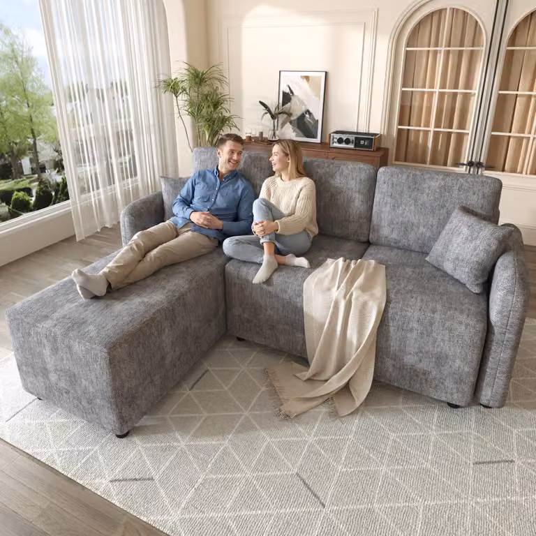Divano angolare a forma di L, 3 posti, superficie di riposo di 144 cm, rivestito in chenille, imbottitura in schiuma ad alta densità, capacità di carico di 150 kg, 2 cuscini (grigio)