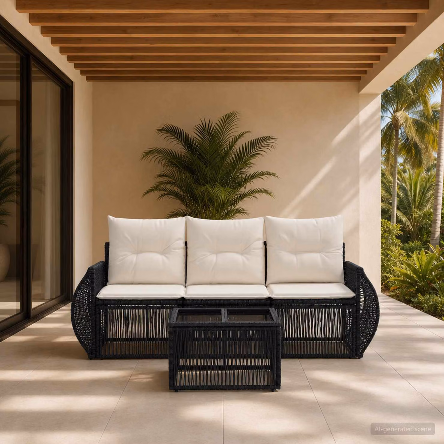 Set Divano da Giardino vidaXL 4 Pezzi con Tavolino, Polyrattan Nero e Bianco Crema con Cuscini Rimovibili