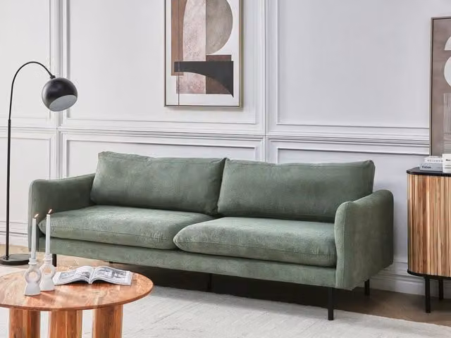 Divano moderno a 3 posti BELIANI in tessuto verde con struttura in legno di pino e sedile imbottito L: 220 cm, H: 86 cm, P: 84 cm – 1