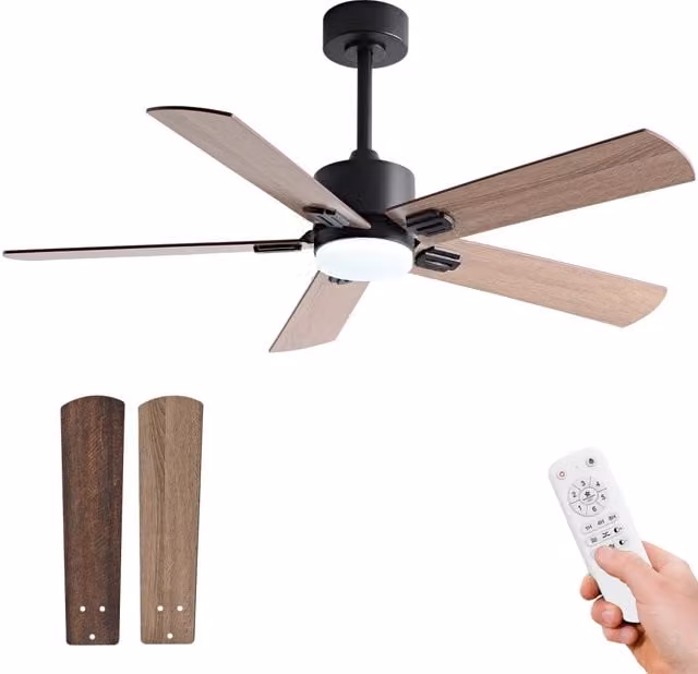 Ventilatore da soffitto moderno con luce LED e telecomando, stile rustico in legno e metallo, nero e marrone, diametro 106,68 cm