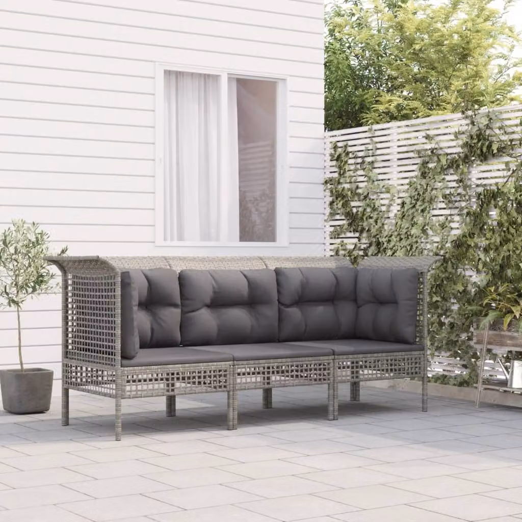The Living Store Set di 3 pezzi da giardino con cuscini in poly rattan grigio