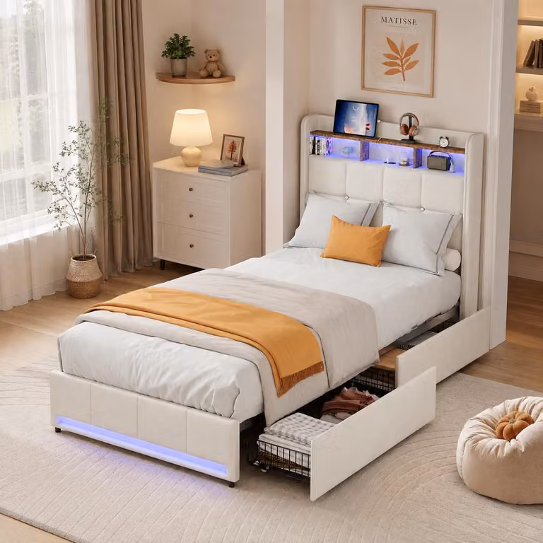 Letto imbottito INONEFT, 90x200 cm, con illuminazione LED e prese USB, letto singolo per ragazzi con 2 cassetti e 2 vani portaoggetti, tessuto in lino, color beige