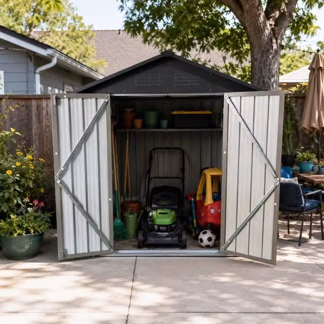 Capanno da giardino, 6x4 piedi, struttura in metallo, con tetto a punta, superficie occupata: 1.95m², colore marrone-nero