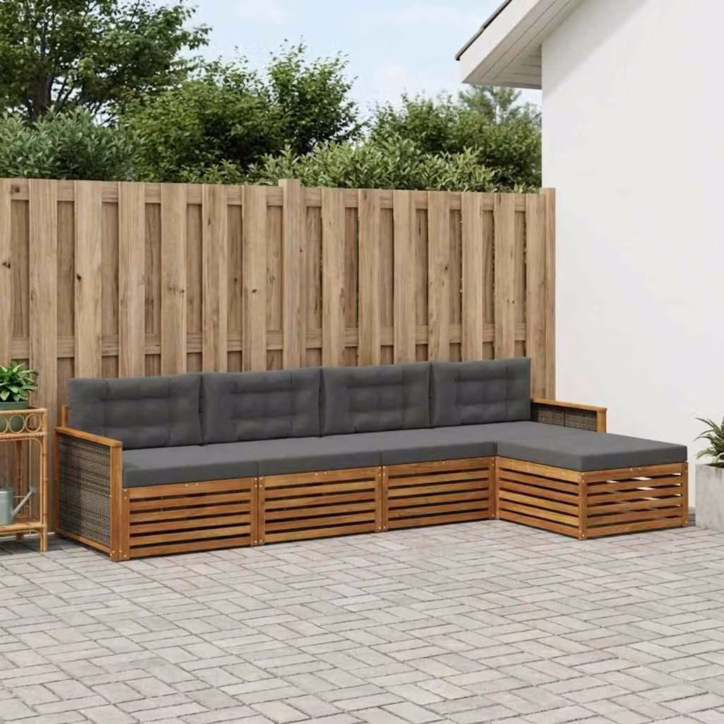 Set di divani da esterno vidaXL a forma di L in legno di acacia con pouf e cuscini, Beige e Antracite