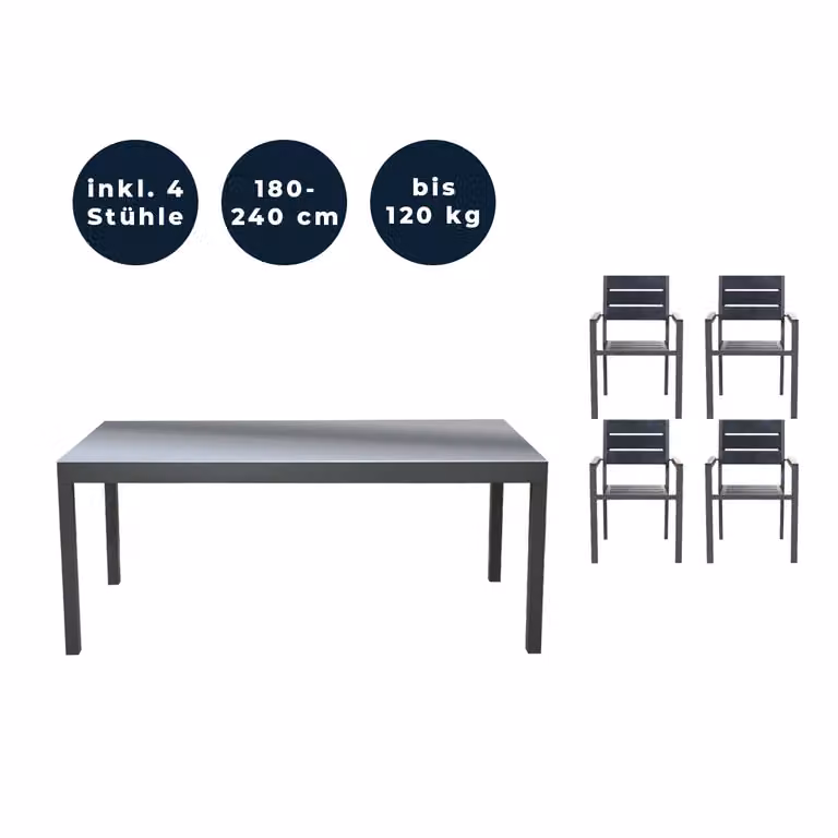 Home Deluxe - Tavolo da giardino allungabile - SOL - ca. 180 (240) x 90 x 75 cm - incl. 4 sedie, incl. accessori I Mobili da giardino tavolo allungabile set da balcone